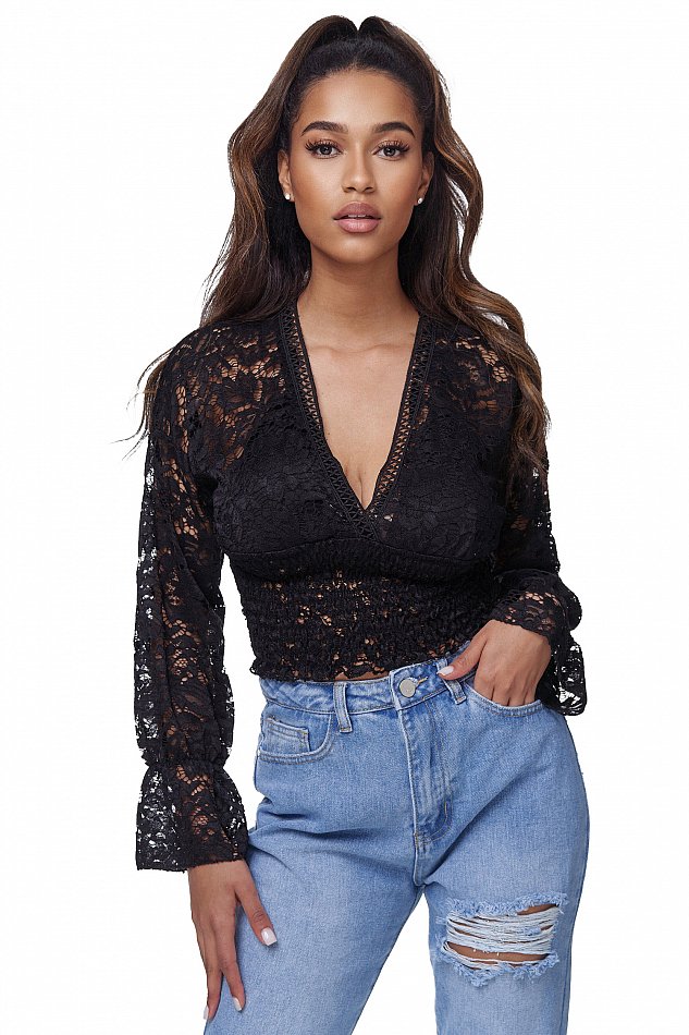 Damen Spitzentop mit Rüschenärmeln Innocent Schwarz Einheitsgröße RS18