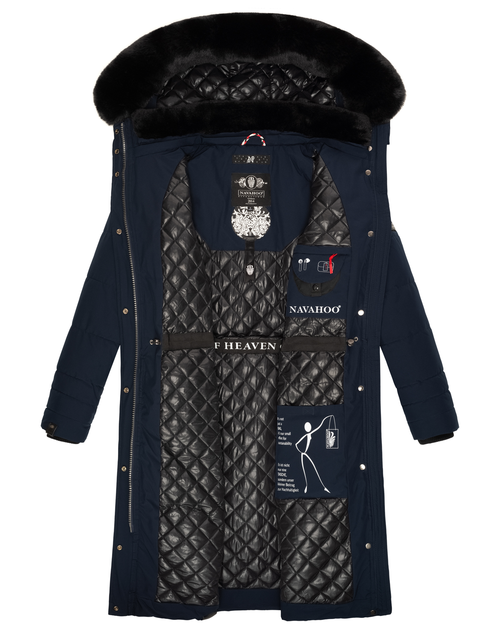 Navahoo Fahmiyaa Damen lange Winterjacke Mantel mit Kapuze Navy Gr. 38 - M