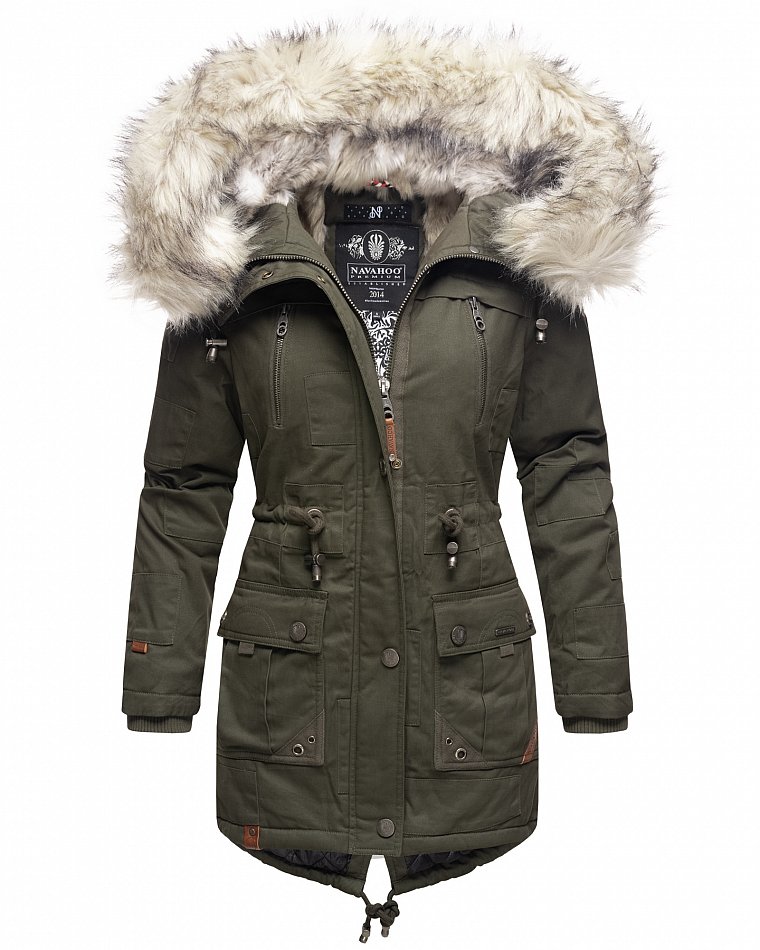 Navahoo Honigfee Damen Winterjacke Parka mit Kunstfell  & Kapuze Olive Gr. 38 - M