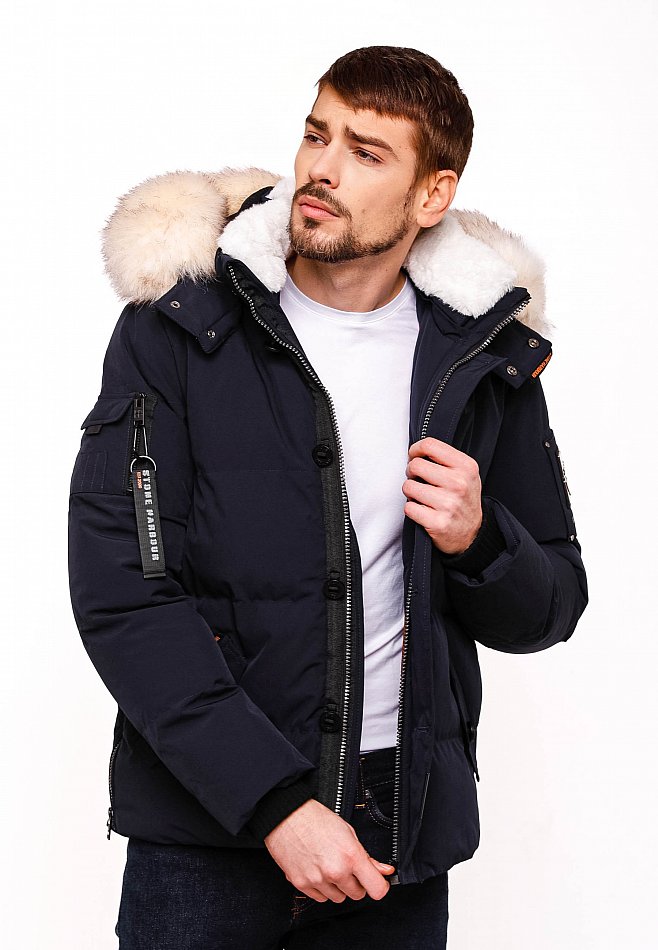 Stone Harbour Halvaar Herren Winterjacke gesteppt Navy mit Weißem Kunstfell Gr. 46 - S