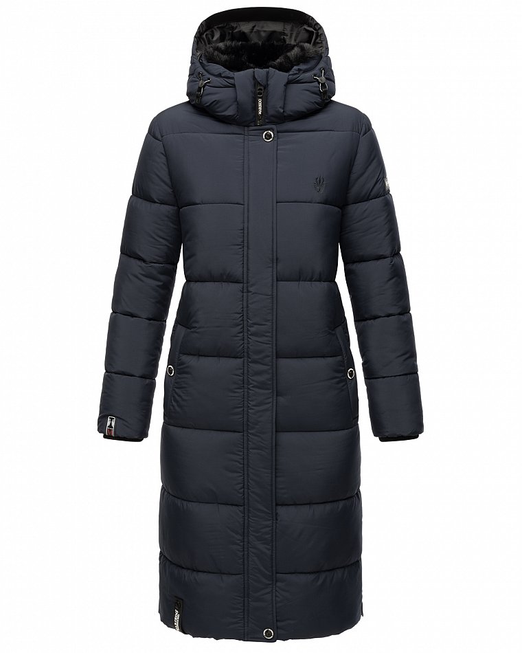 Marikoo langer Damen Winter Steppmantel mit Kapuze und Teddyfell Futter Reliziaa Blau Gr. 34 - XS