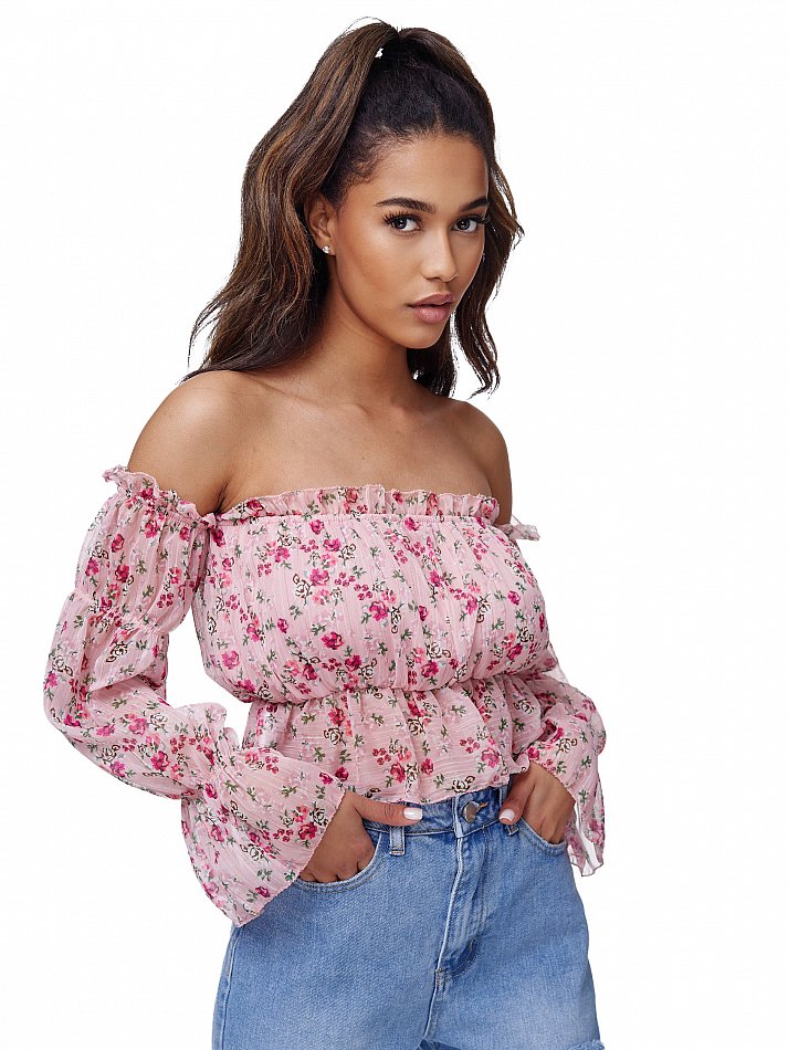 Damen Shoulder Carmen Top mit floralem Print Rosa Einheitsgröße Gr. 34 - 38 RS02