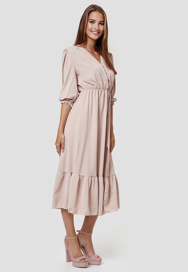 Damen Maxi Rüschen Kleid mit Schlitz Beige Einheitsgröße RS15