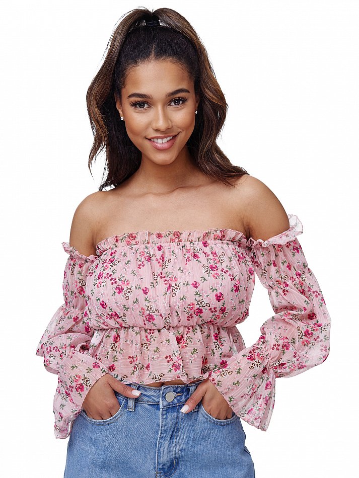 Damen Shoulder Carmen Top mit floralem Print Rosa Einheitsgröße Gr. 34 - 38 RS02