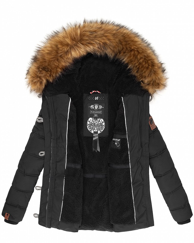Navahoo Zoja Damen Winterjacke Steppjacke mit abnehmbarem Kunstfell Schwarz 44 - XXL