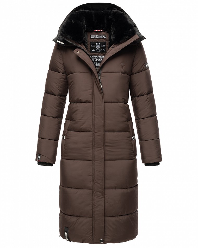 Marikoo langer Damen Winter Steppmantel mit Kapuze und Teddyfell Futter Reliziaa Dark Choco Gr. 34 - XS