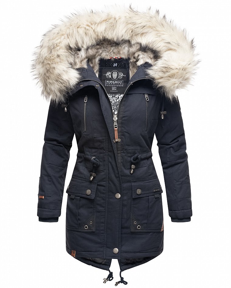 Navahoo Honigfee Damen Winterjacke Parka mit Kunstfell  & Kapuze Navy Gr. 40 - L