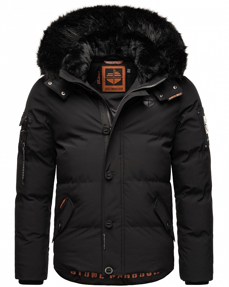 Stone Harbour Halvaar Herren Winterjacke gesteppt Schwarz mit Schwarzem Kunstfell Gr. 48 - M