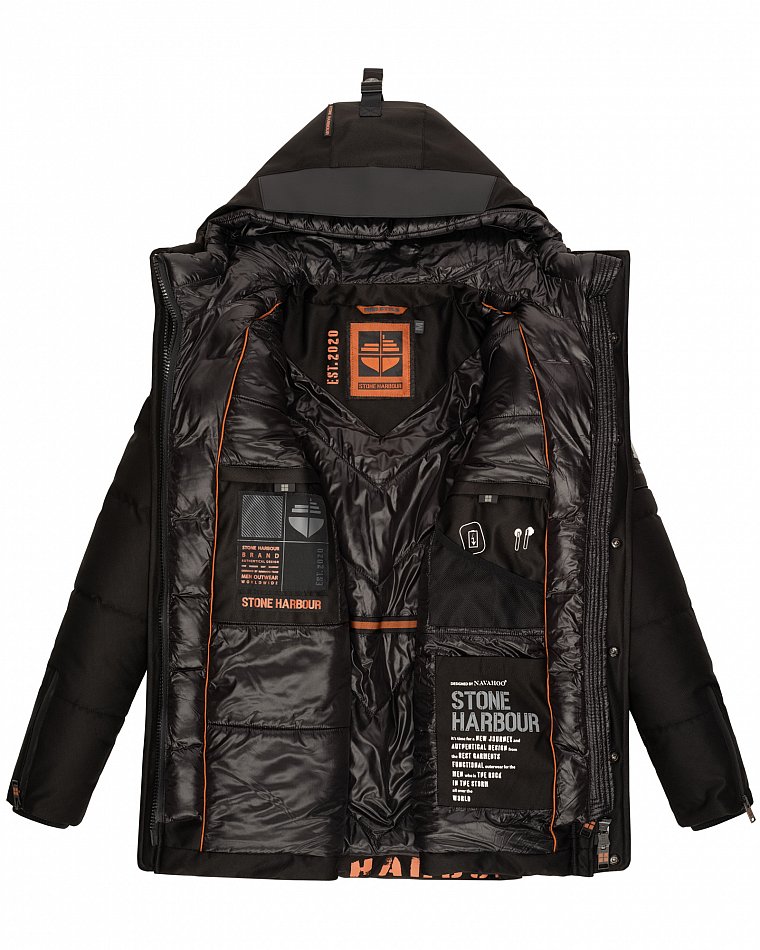 Stone Harbour Mitjaa Herren Wintermantel Parka mit Doppel Kapuze Schwarz Gr. 46 - S