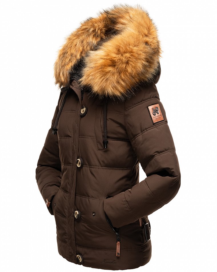 Navahoo Zoja Damen Winterjacke Steppjacke mit abnehmbarem Kunstfell Schoko 36 - S
