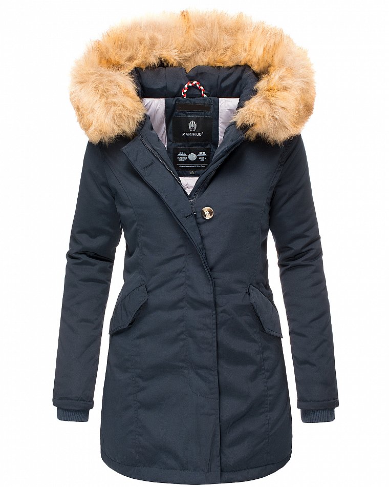 Marikoo Karmaa Eleganter Damen Winter Parka mit Kunstpelz und Kapuze Blau Gr. 34 - XS