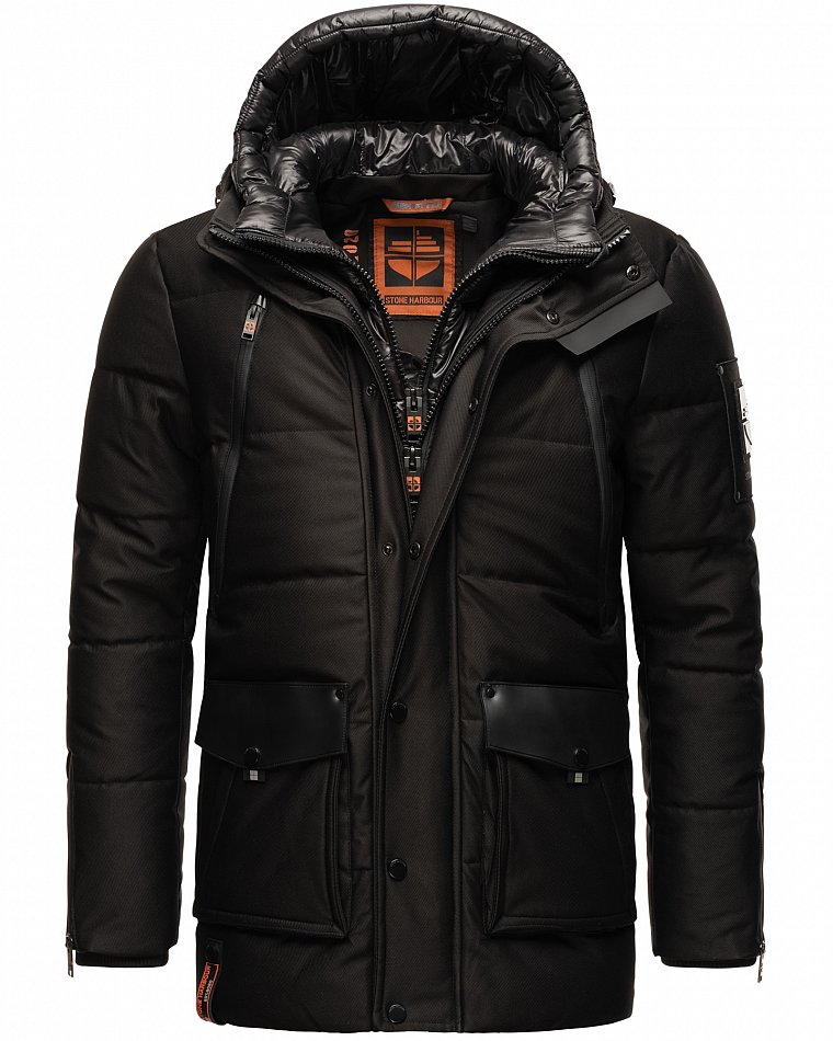 Stone Harbour Mitjaa Herren Wintermantel Parka mit Doppel Kapuze Schwarz Gr. 52 - XL