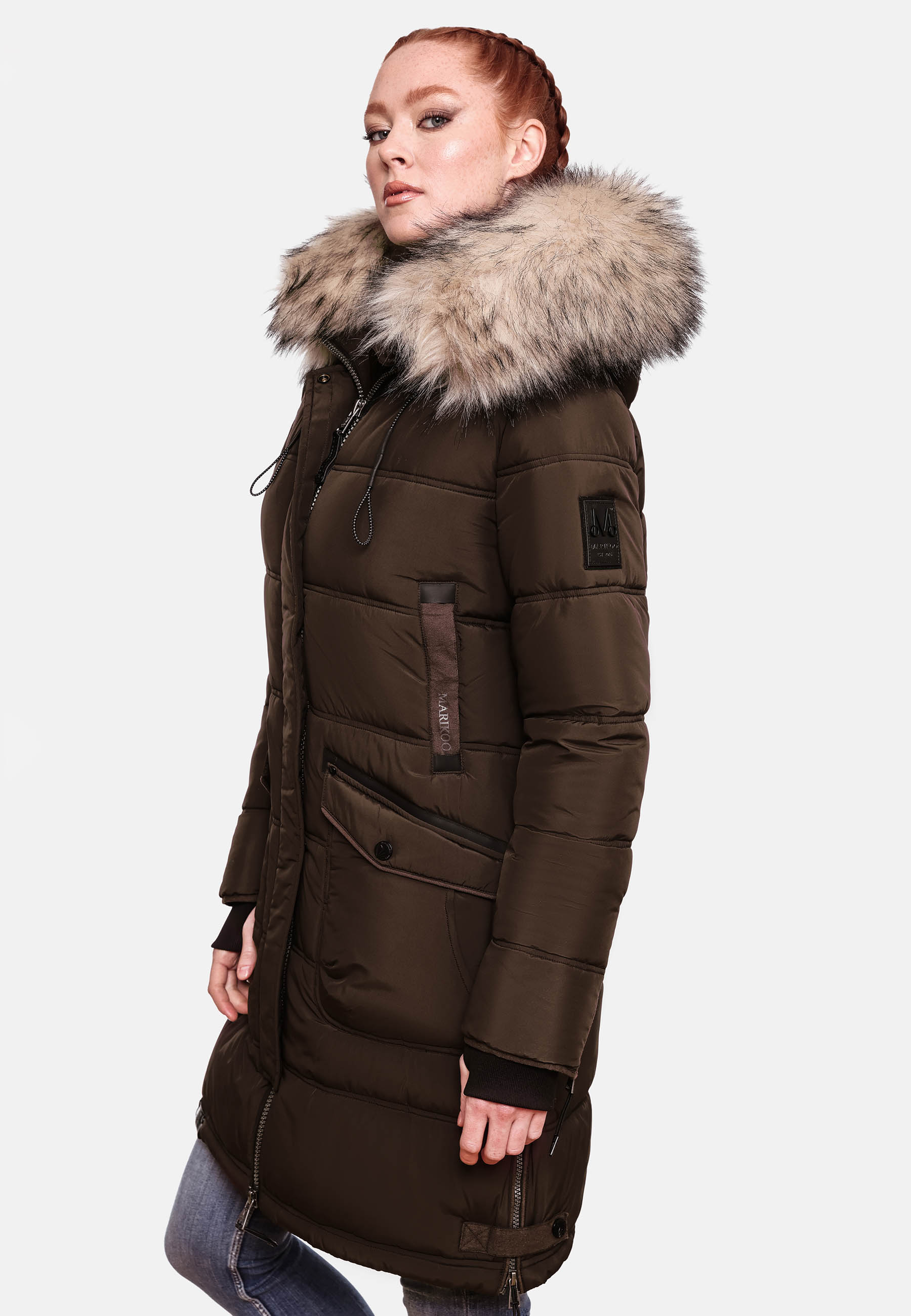 Marikoo Chaskaa Damen Winter Steppmantel Parka mit Kapuze & Kunstfell Schoko Gr. 40 - L