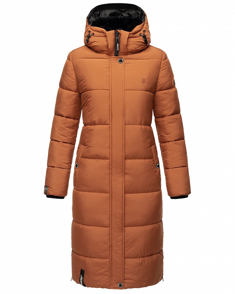 Marikoo langer Damen Winter Steppmantel mit Kapuze und Teddyfell Futter Reliziaa Rusty Cinnamon Gr. 34 - XS