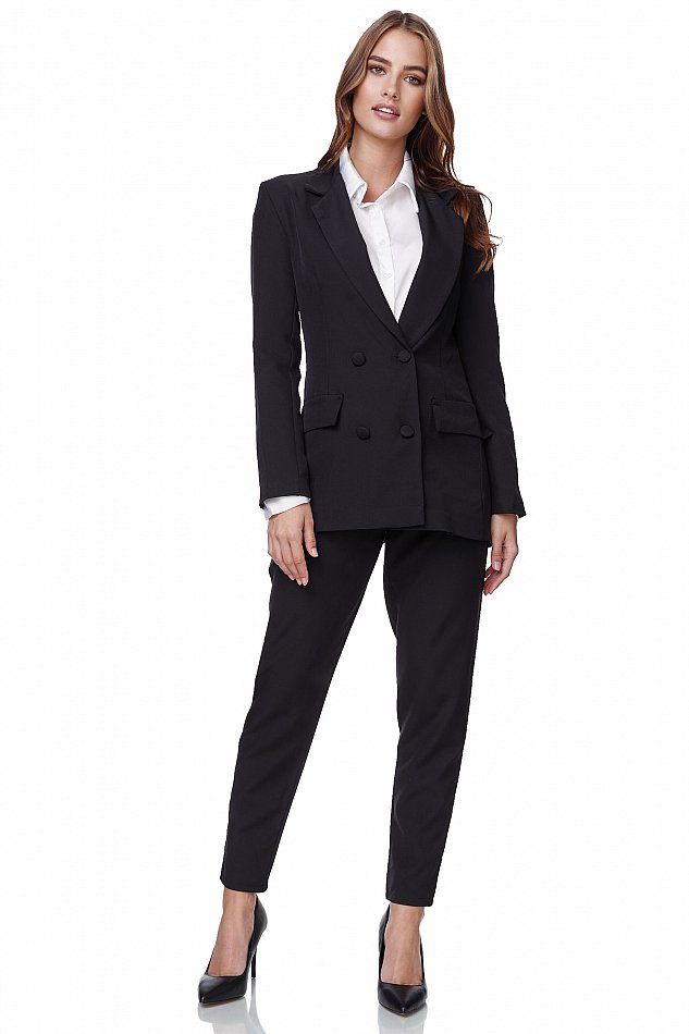 Damen Eleganter Business Hosen Anzug mit Doppelknopfleiste Schwarz Gr. L - EF-6616 