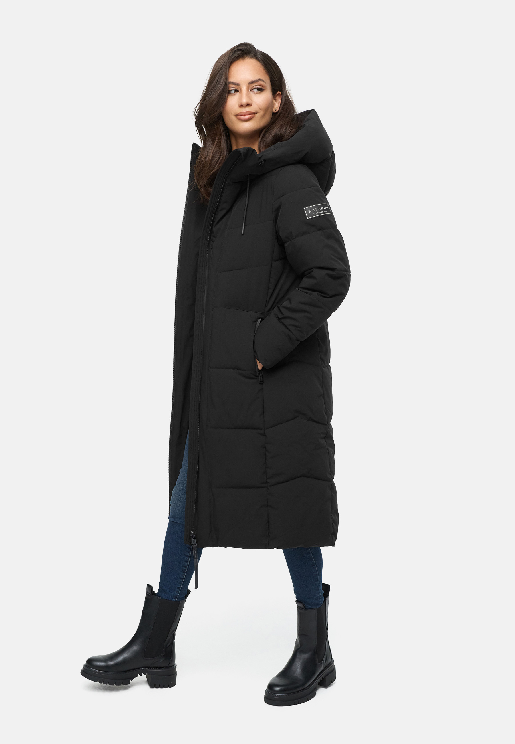  Navahoo Damen Steppmantel Lang Wintermantel gefüttert Parka Kapuze Schokokuss Schwarz 46 - XXXL