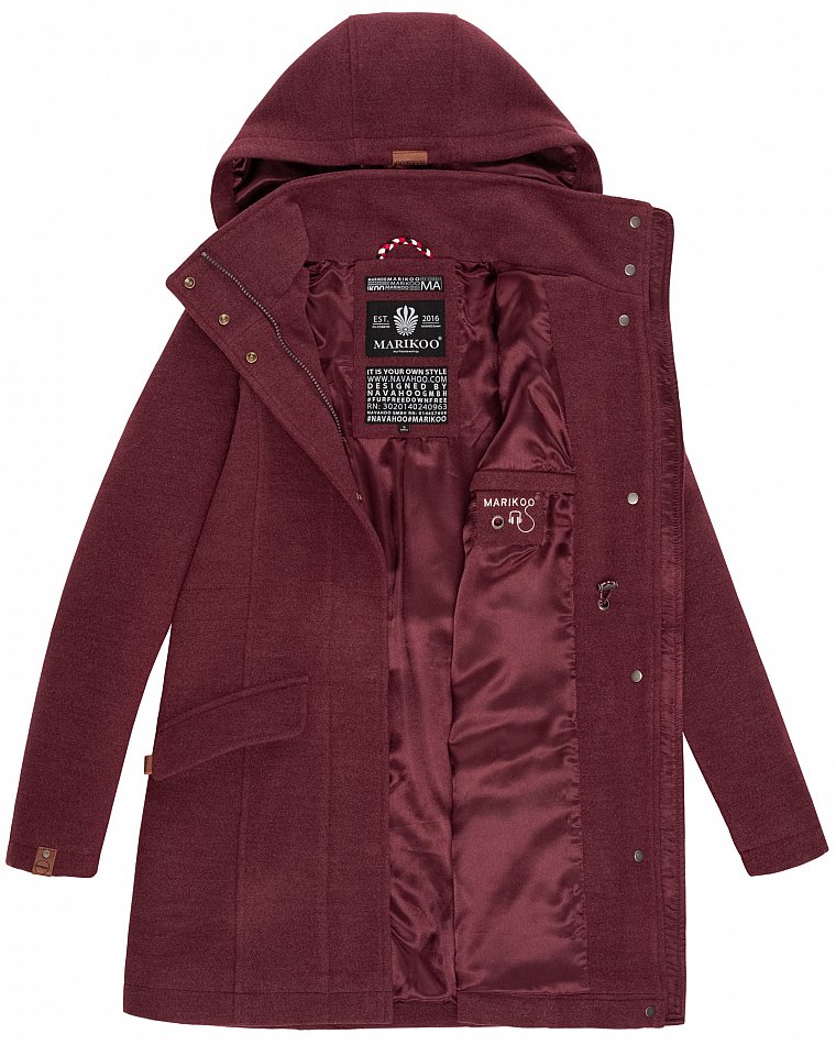 Marikoo Leilaniaa Damen Trenchcoat Winter Mantel mit Kapuze Bordeaux Melange Gr. 40 - L