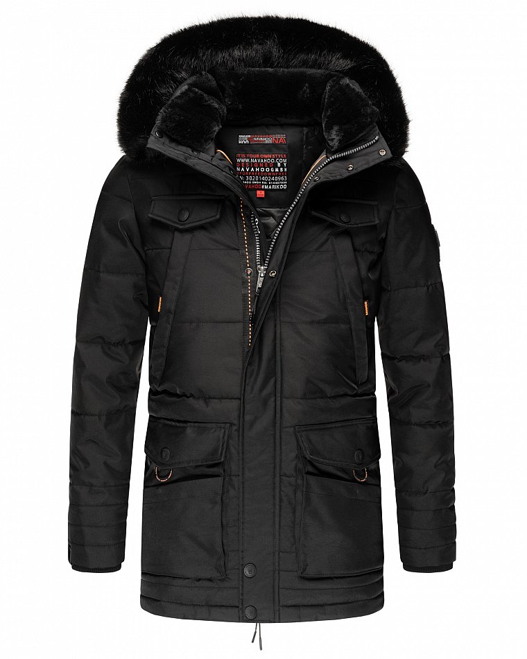 Navahoo Luaan Herren Wintermantel Parka mit Kunstfell & Kapuze Schwarz Gr. S