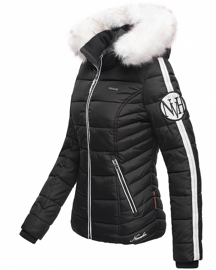 Navahoo Sportliche Damen Winter Steppjacke mit Weißem Kunstpelzkragen Khingaas Schwarz Gr. 40 - L