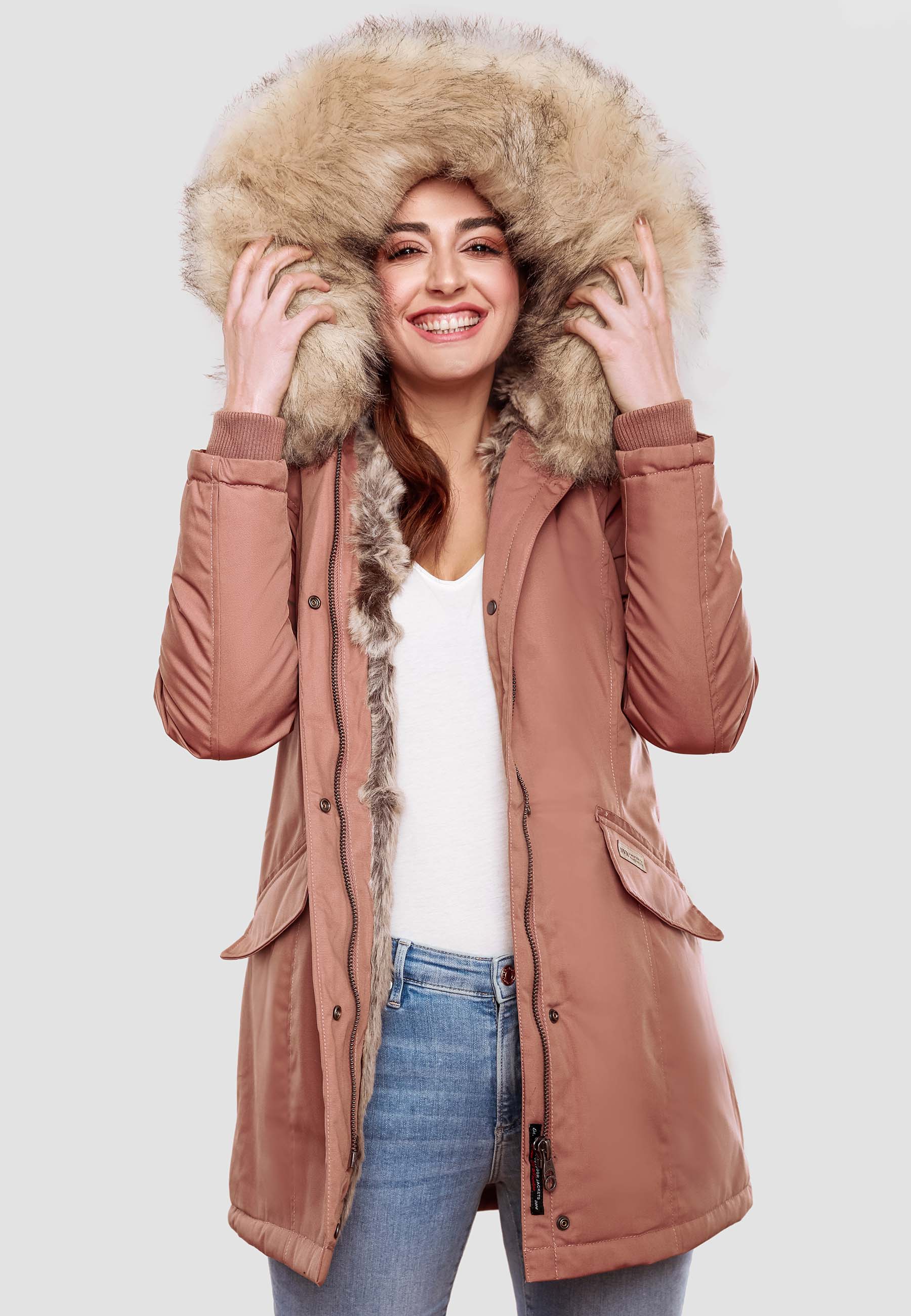 Navahoo Cristal Winterjacke Winterparka mit Kapuze & Kunstfell Terracotta Gr. 42 - XL