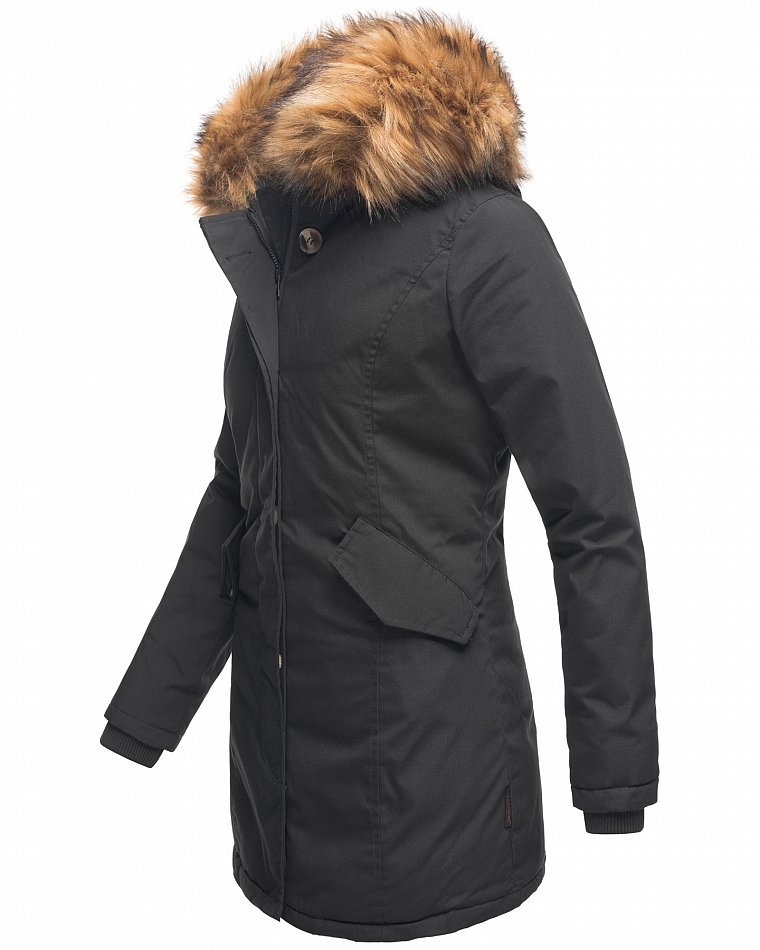 Marikoo Karmaa Princess Damen Winter Parka mit Kunstfell Schwarz Gr. 34 - XS