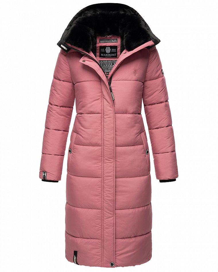 Marikoo langer Damen Winter Steppmantel mit Kapuze und Teddyfell Futter Reliziaa Dark Rose Gr. 34 - XS