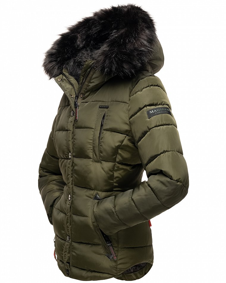 Marikoo Lotusblüte Damen Winter Stepp Jacke mit Kapuze & Kunstfell Olive Gr. 34 - XS