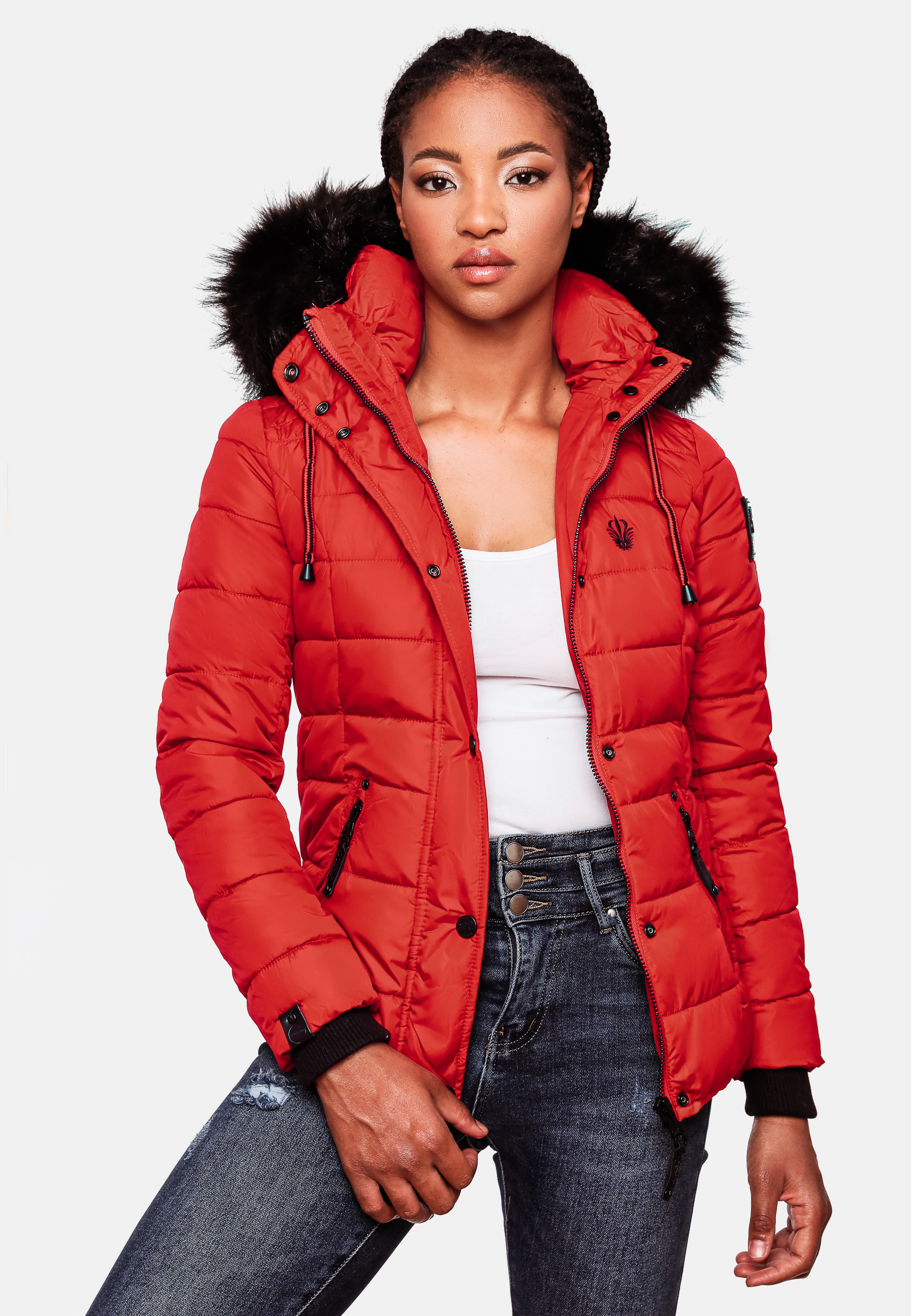 Navahoo Zuckerbiene Damen gefütterte Winter Steppjacke mit Kapuze Rot Gr. 38 - M