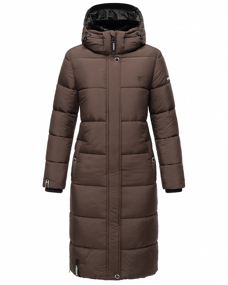 Marikoo langer Damen Winter Steppmantel mit Kapuze und Teddyfell Futter Reliziaa Dark Choco Gr. 34 - XS