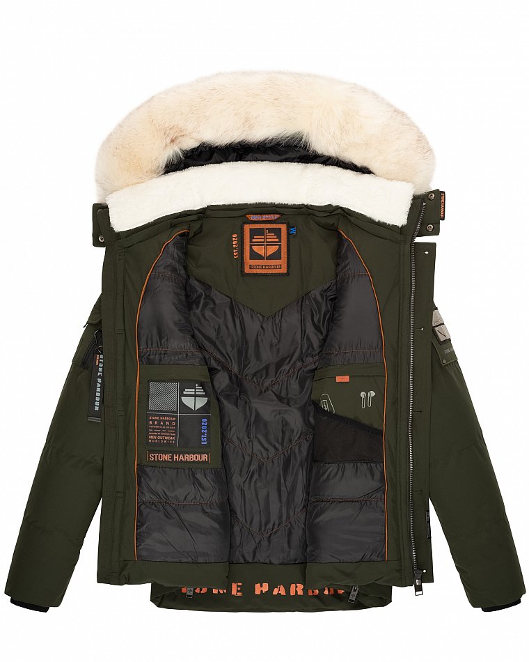 Stone Harbour Halvaar Herren Winterjacke gesteppt Olive mit Weißem Kunstfell Gr. 48 - M