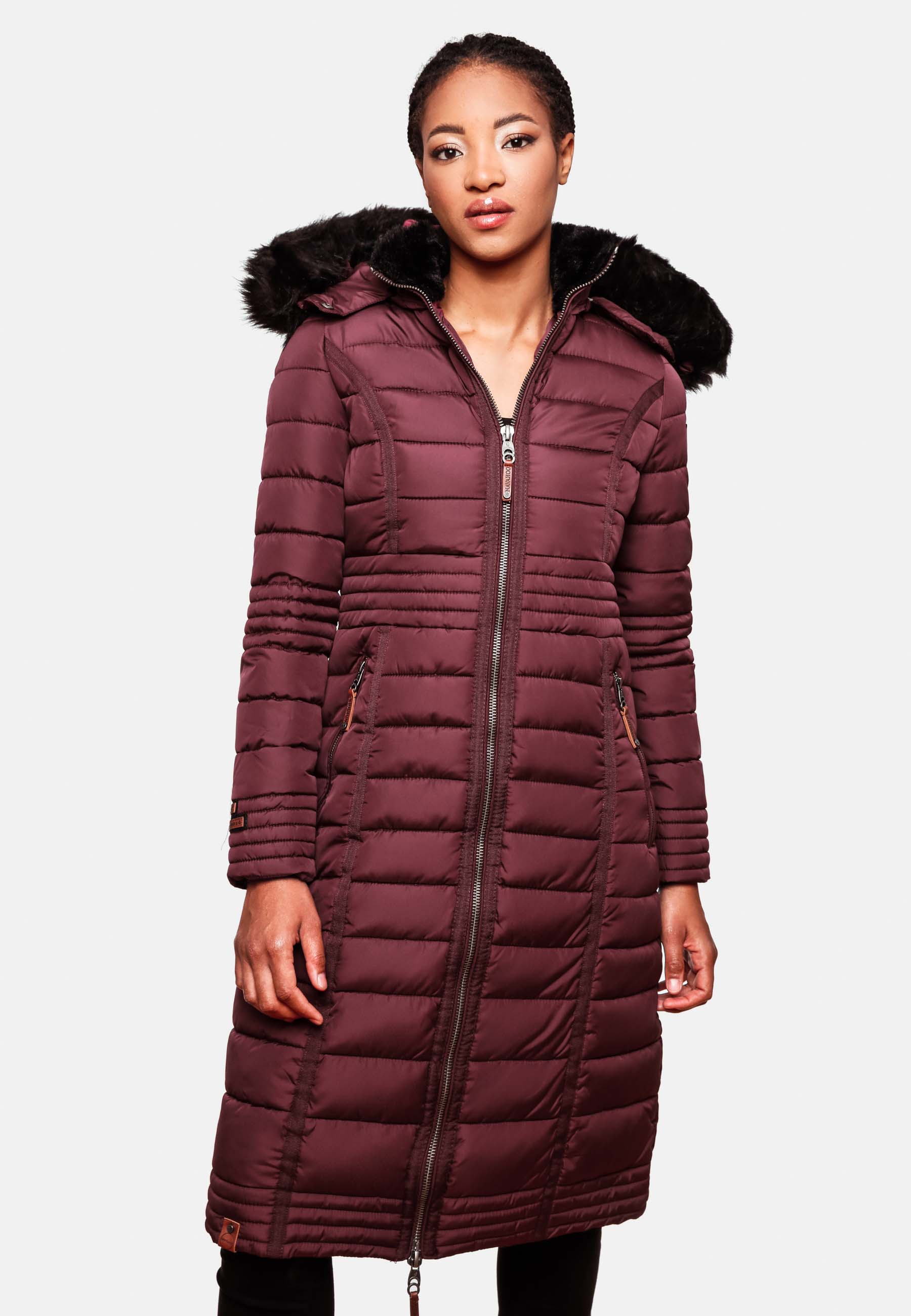 Navahoo Umay Damen Steppmantel Winterjacke mit Fellkragen Wine Gr. 34 - XS
