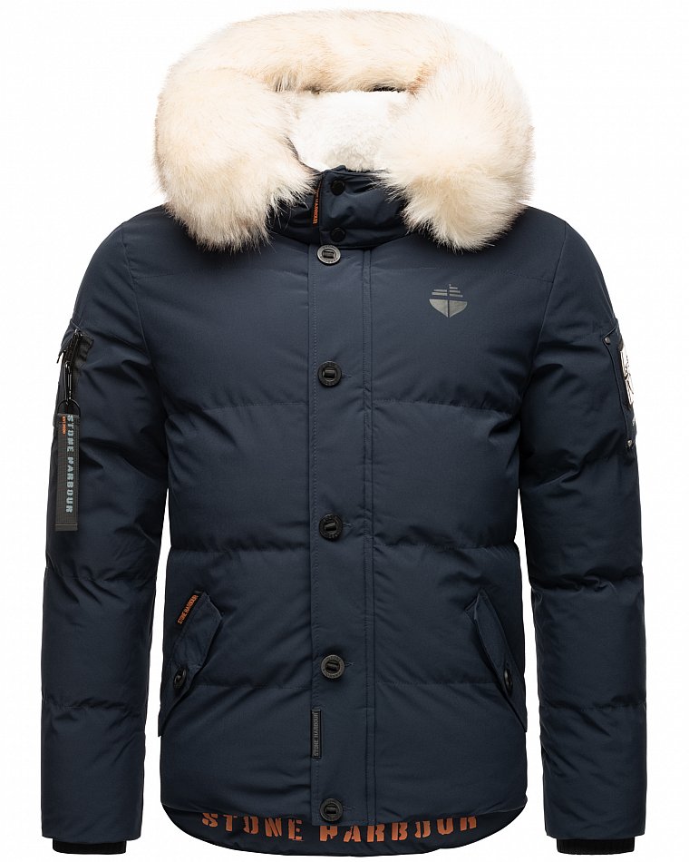 Stone Harbour Halvaar Herren Winterjacke gesteppt Navy mit Weißem Kunstfell Gr. 48 - M