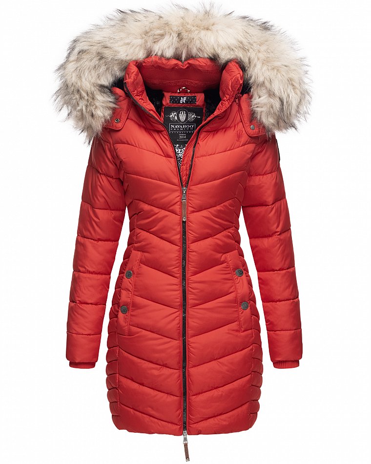 Navahoo Nimalaa Damen Wintermantel Steppmantel mit Kunstfell Rot Gr. 34 - XS