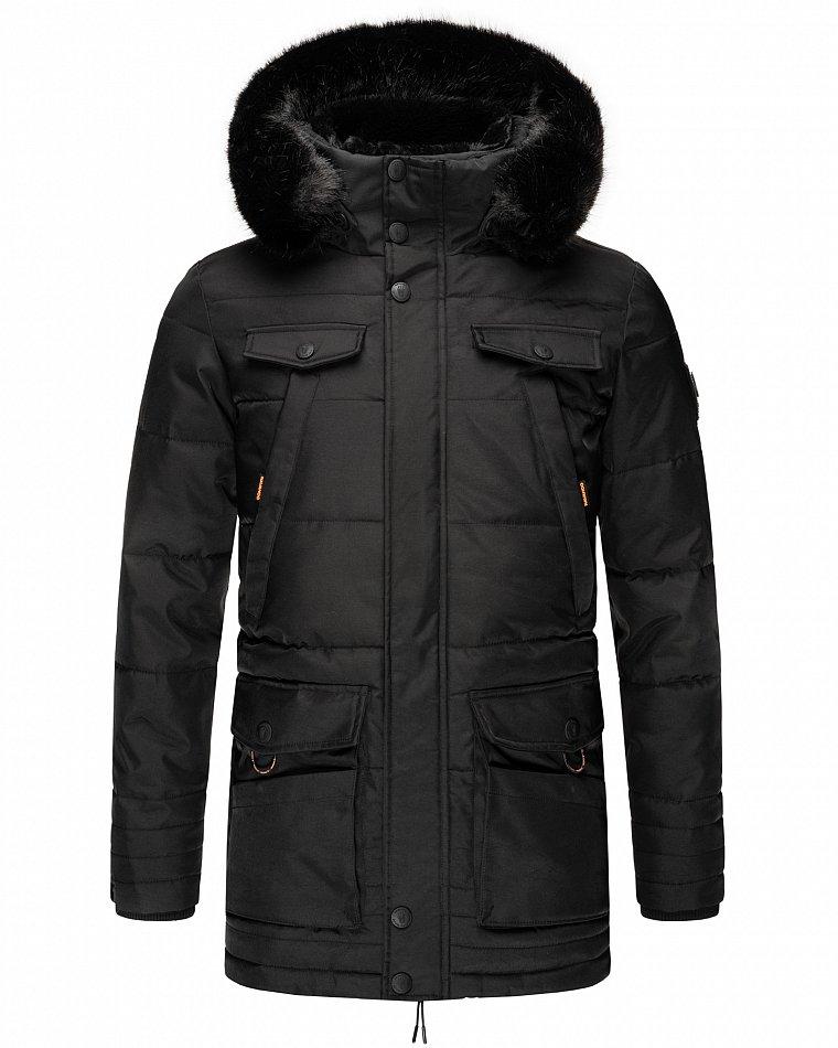 Navahoo Luaan Herren Wintermantel Parka mit Kunstfell & Kapuze Schwarz Gr.  L