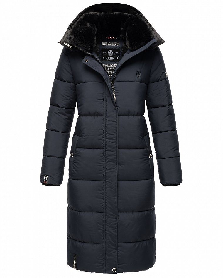 Marikoo langer Damen Winter Steppmantel mit Kapuze und Teddyfell Futter Reliziaa Blau Gr. 40 - L