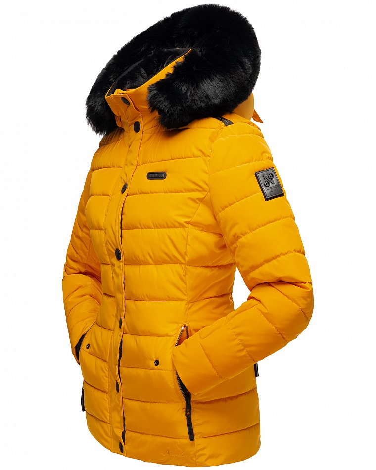 Navahoo Milianaa Damen Winter Steppjacke gefüttert Kapuze mit Kunstfell Gelb Gr. 38 - M