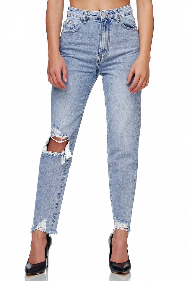 Damen Highwaist Straight Cut Ripped Jeans im Damaged Look Blau Gr. 40 - L RD1347