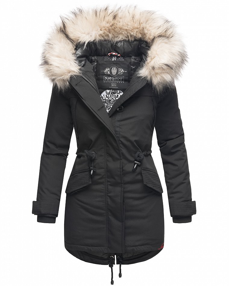 Navahoo Lady Like Damen Jacke Winterparka mit Kapuze & Kunstfell Schwarz  Gr. 36 - S