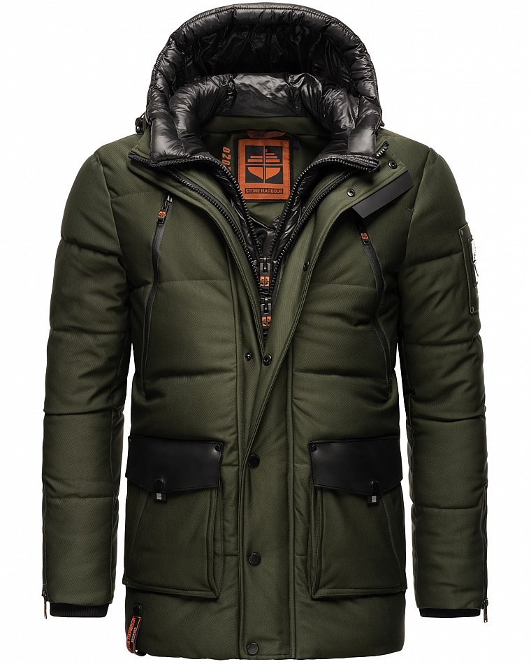 Stone Harbour Mitjaa Herren Wintermantel Parka mit Doppel Kapuze Olive Gr. 48 - M