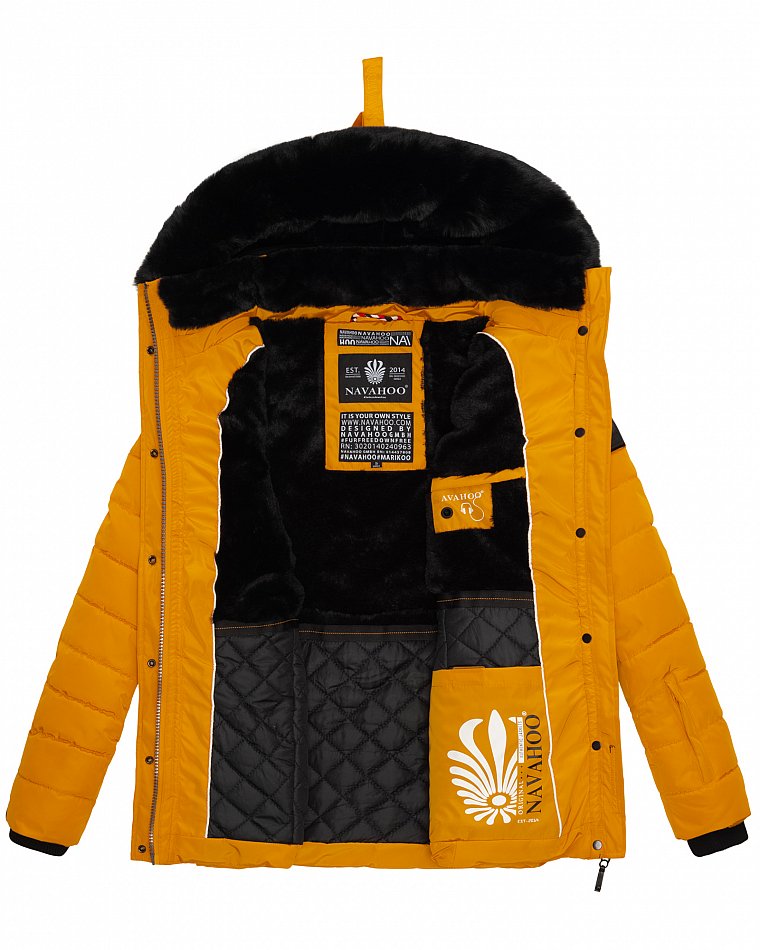 Navahoo Milianaa Damen Winter Steppjacke gefüttert Kapuze mit Kunstfell Gelb Gr. 38 - M