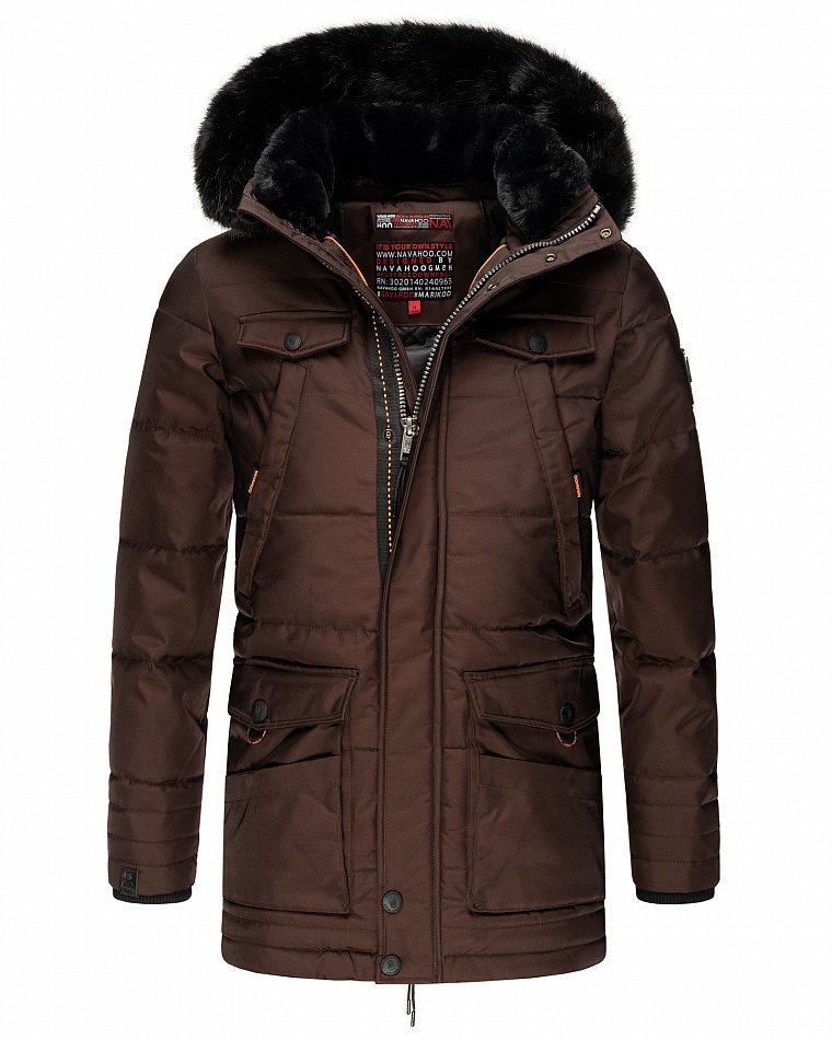 Navahoo Luaan Herren Wintermantel Parka mit Kunstfell & Kapuze Braun Gr. S