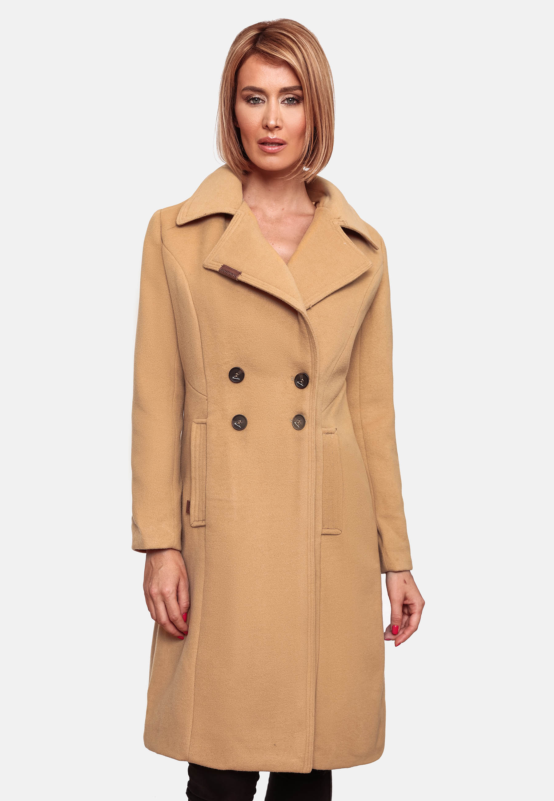 Navahoo Wooly Eleganter Damen Wintermantel Business Trenchcoat mit Reverskragen Camel Gr. 34 - XS