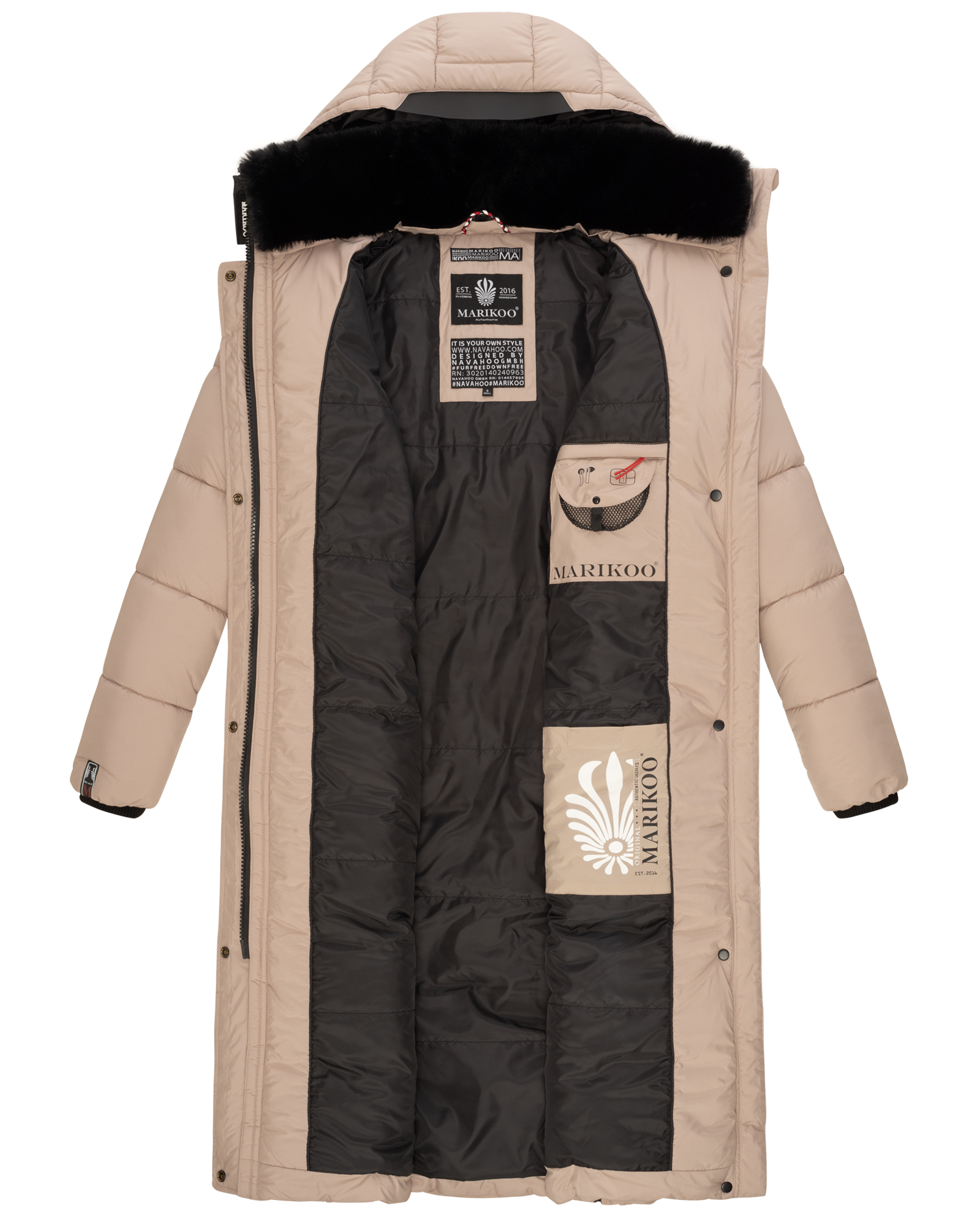 Marikoo langer Damen Winter Steppmantel mit Kapuze und Teddyfell Futter Reliziaa Taupe Gr. 38 - M