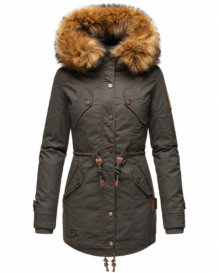 Marikoo La Viva Princess Damen Winterjacke Parka mit Kunstfell Anthrazit Gr. 34 - XS