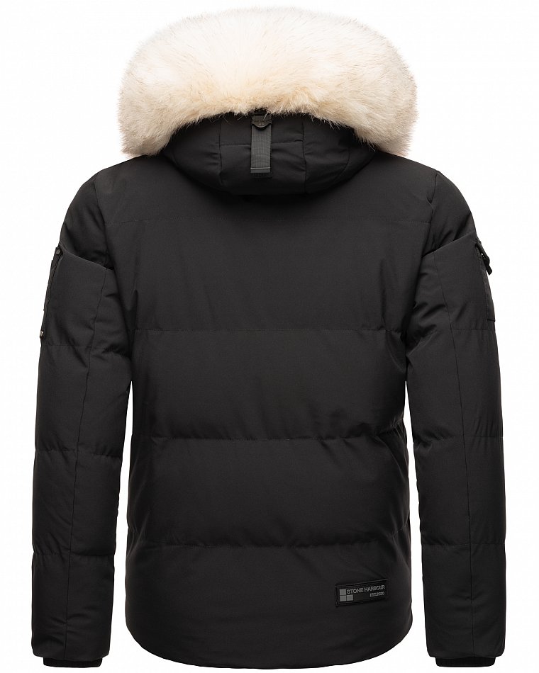 Stone Harbour Halvaar Herren Winterjacke gesteppt Schwarz mit Weißem Kunstfell Gr. 48 - M