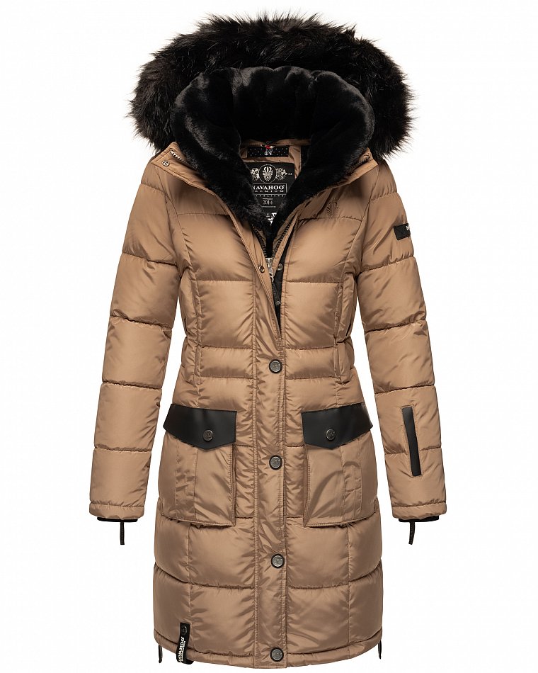 Navahoo Sinja Lange Winter Steppjacke Wintermantel Taupe Gr. 40 - L