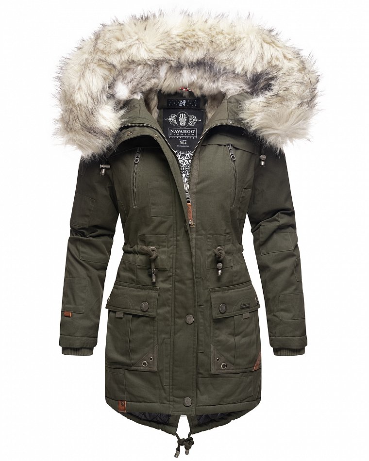 Navahoo Honigfee Damen Winterjacke Parka mit Kunstfell  & Kapuze Olive Gr. 42 - XL