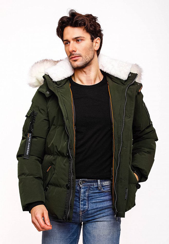 Stone Harbour Halvaar Herren Winterjacke gesteppt Olive mit Weißem Kunstfell Gr. 46 - S