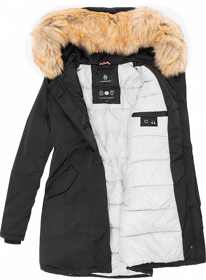 Marikoo Karmaa Eleganter Damen Winter Parka mit Kunstpelz und Kapuze Schwarz Gr. 36 - S