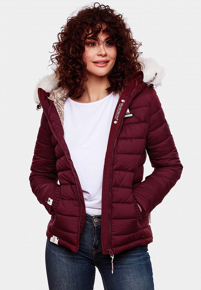 Marikoo Nasriin Damen Übergangsjacke Steppjacke mit Kunstfell Wine Gr. 36 - S